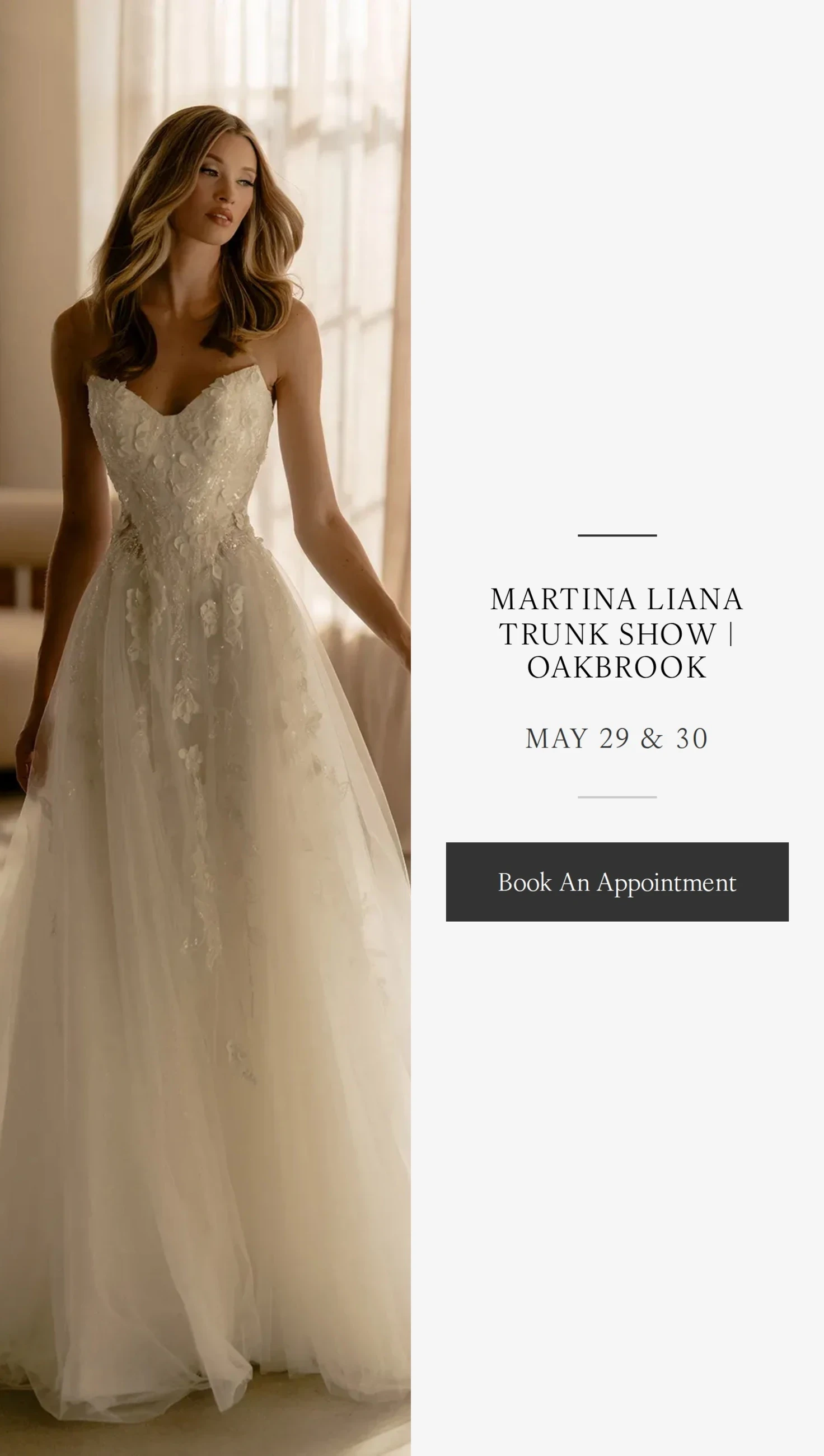 Models wearing Martina Liana bridal dresses, Trunk show mobile banner