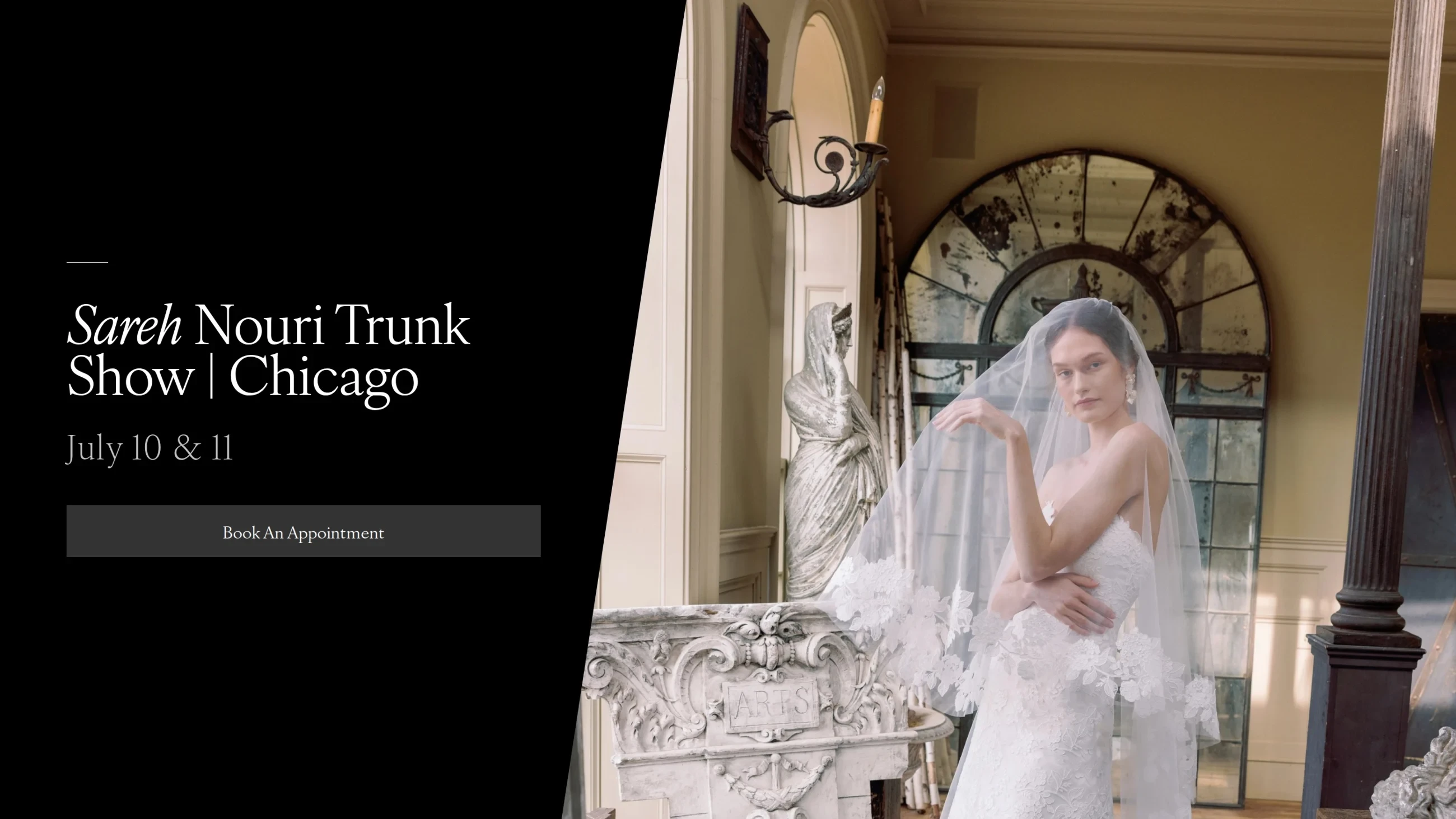 Model wearing Sareh Nouri bridal dress, trunk show desktop banner