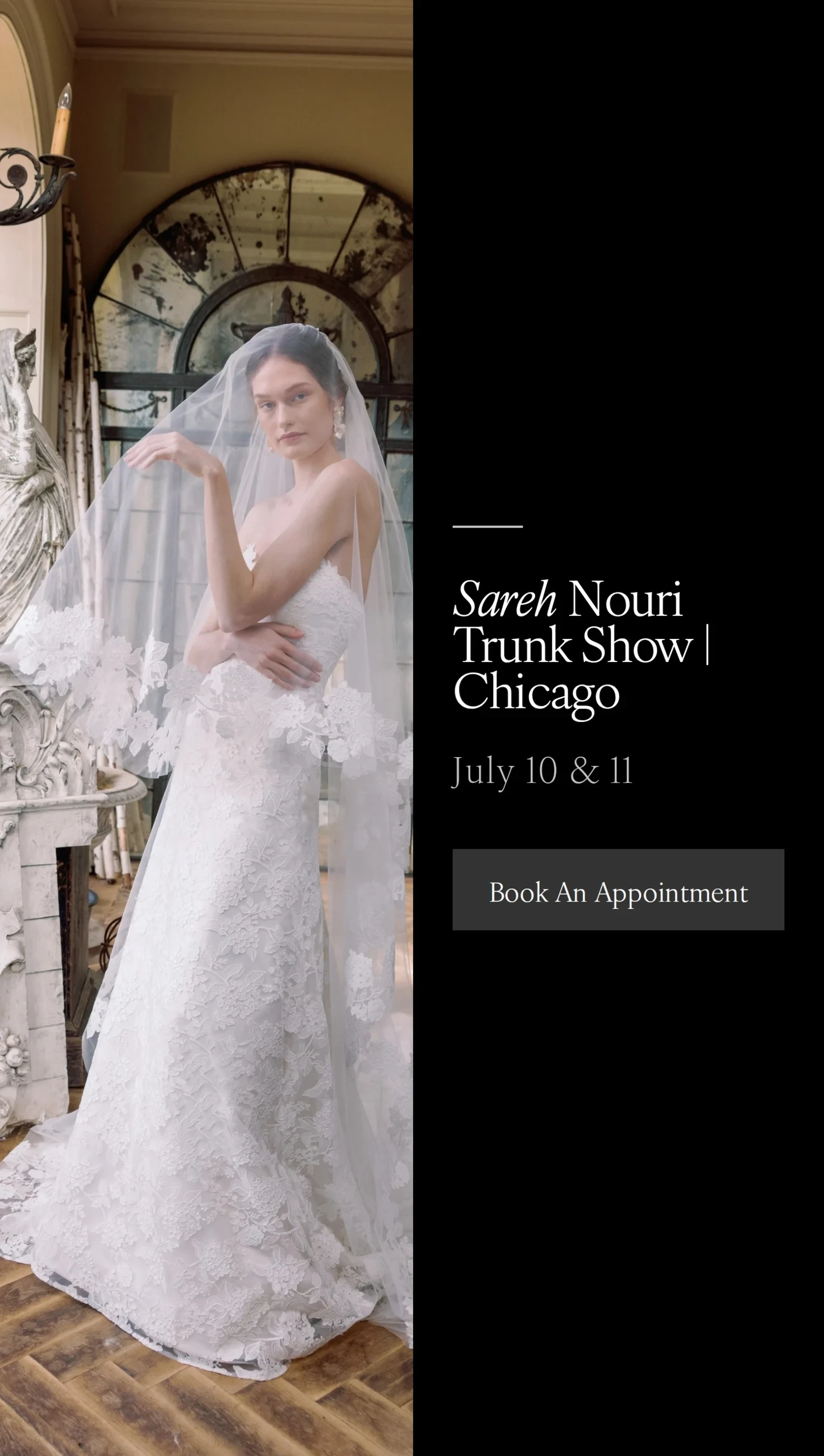 Model wearing Sareh Nouri bridal dress, trunk show mobile banner