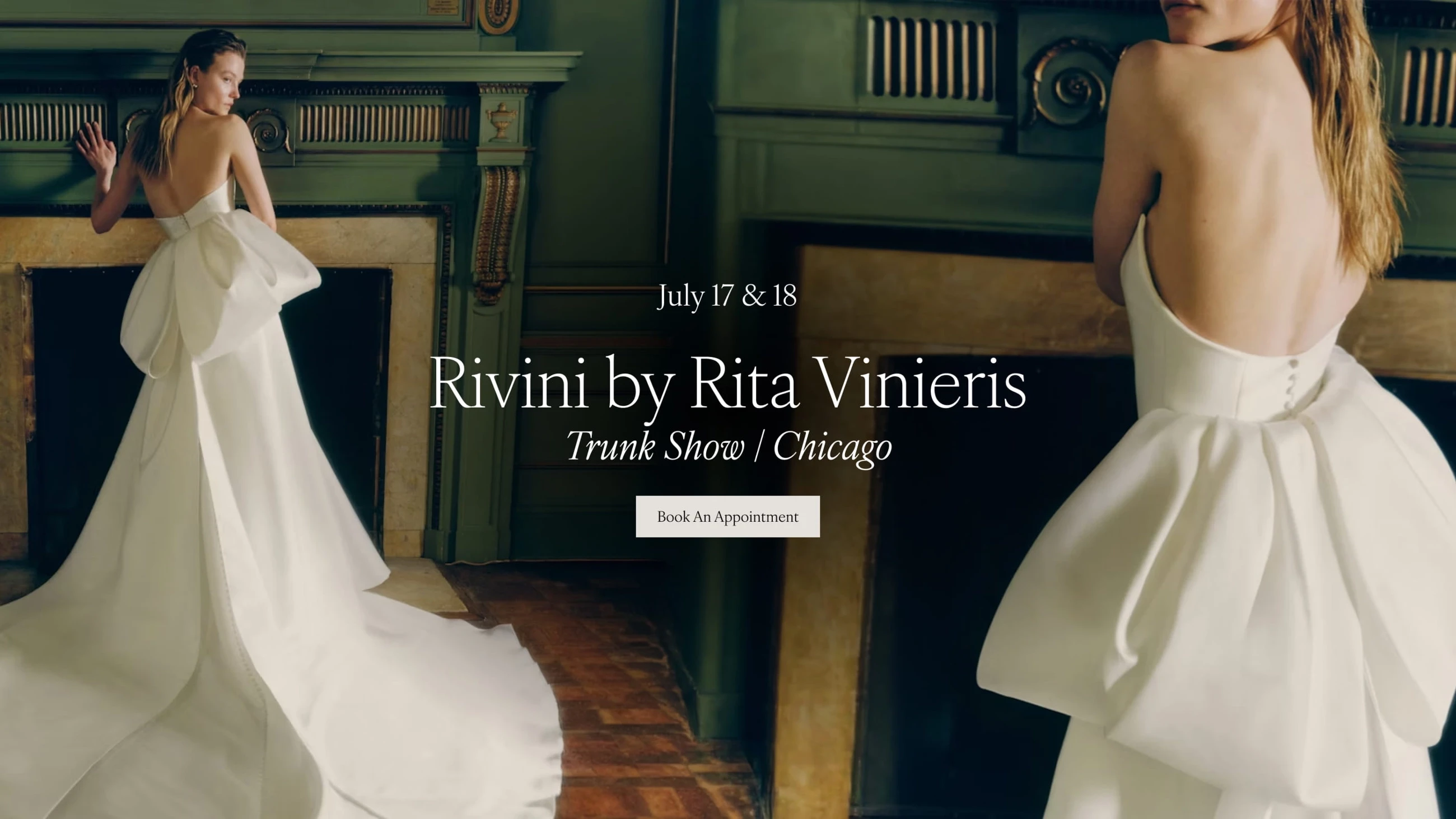 Model wearing Rivini by Rita Vinieris bridal dress, trunk show dekstop banner