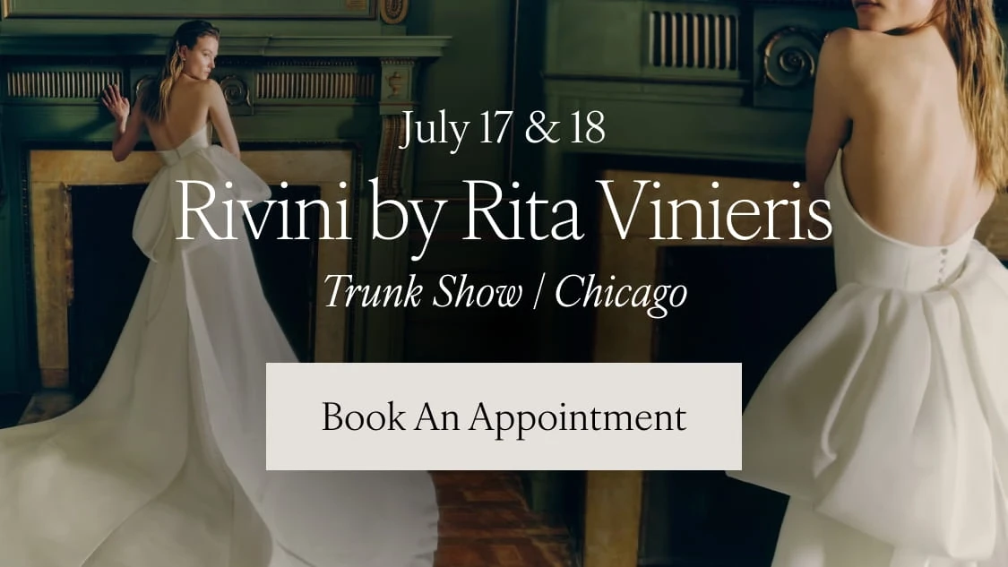 Model wearing Rivini by Rita Vinieris bridal dress, trunk show mobile banner
