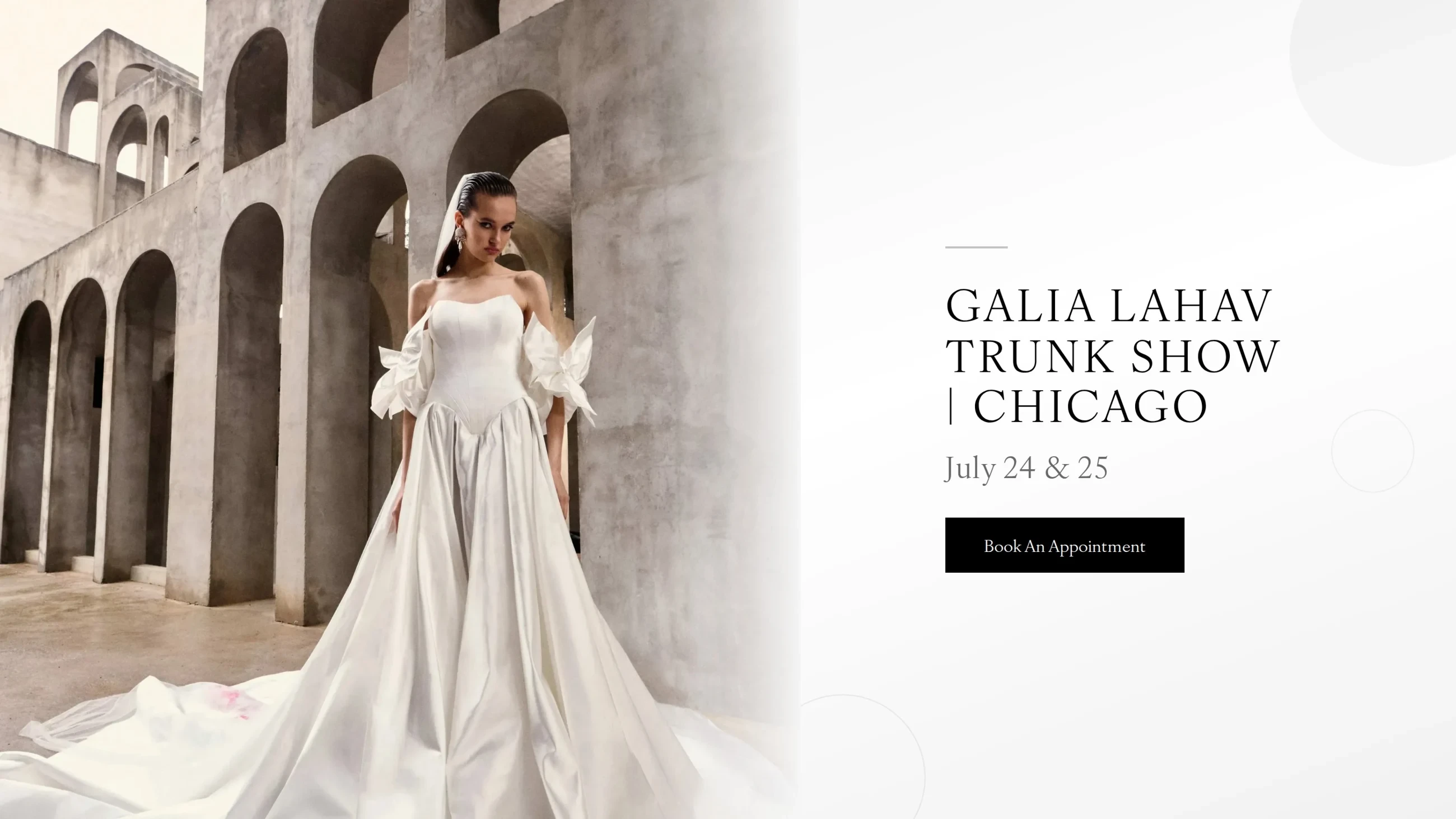 Model wearing Galia Lahav bridal dress, Trunk show desktop banner