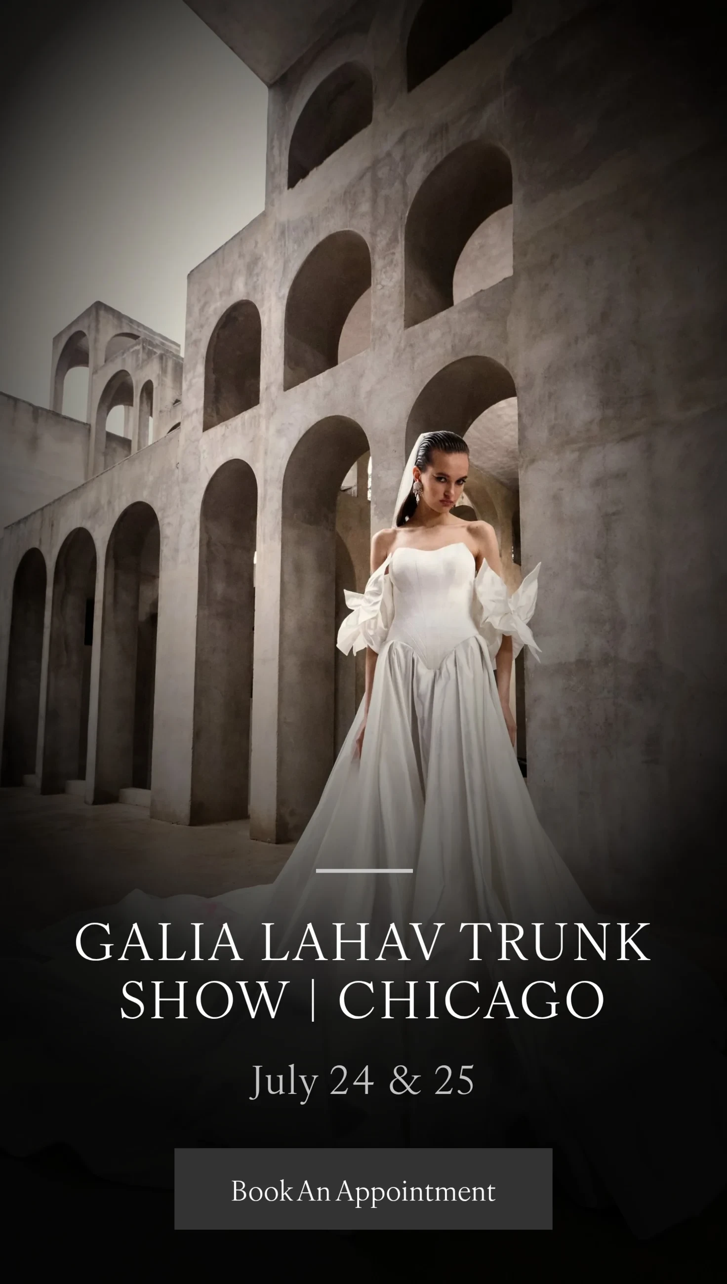 Model wearing Galia Lahav bridal dress, Trunk show mobile banner
