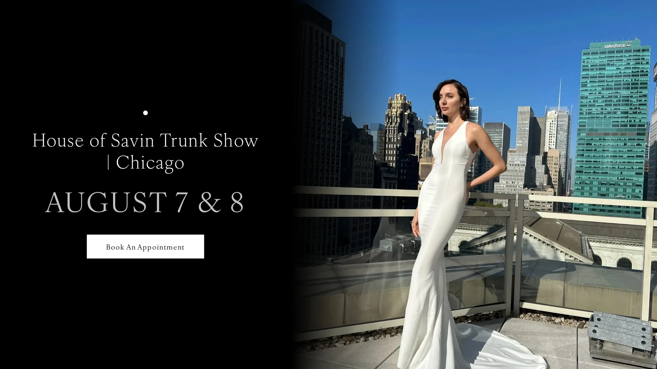Model wearing House of Saving bridal dress, trunk show desktop banner