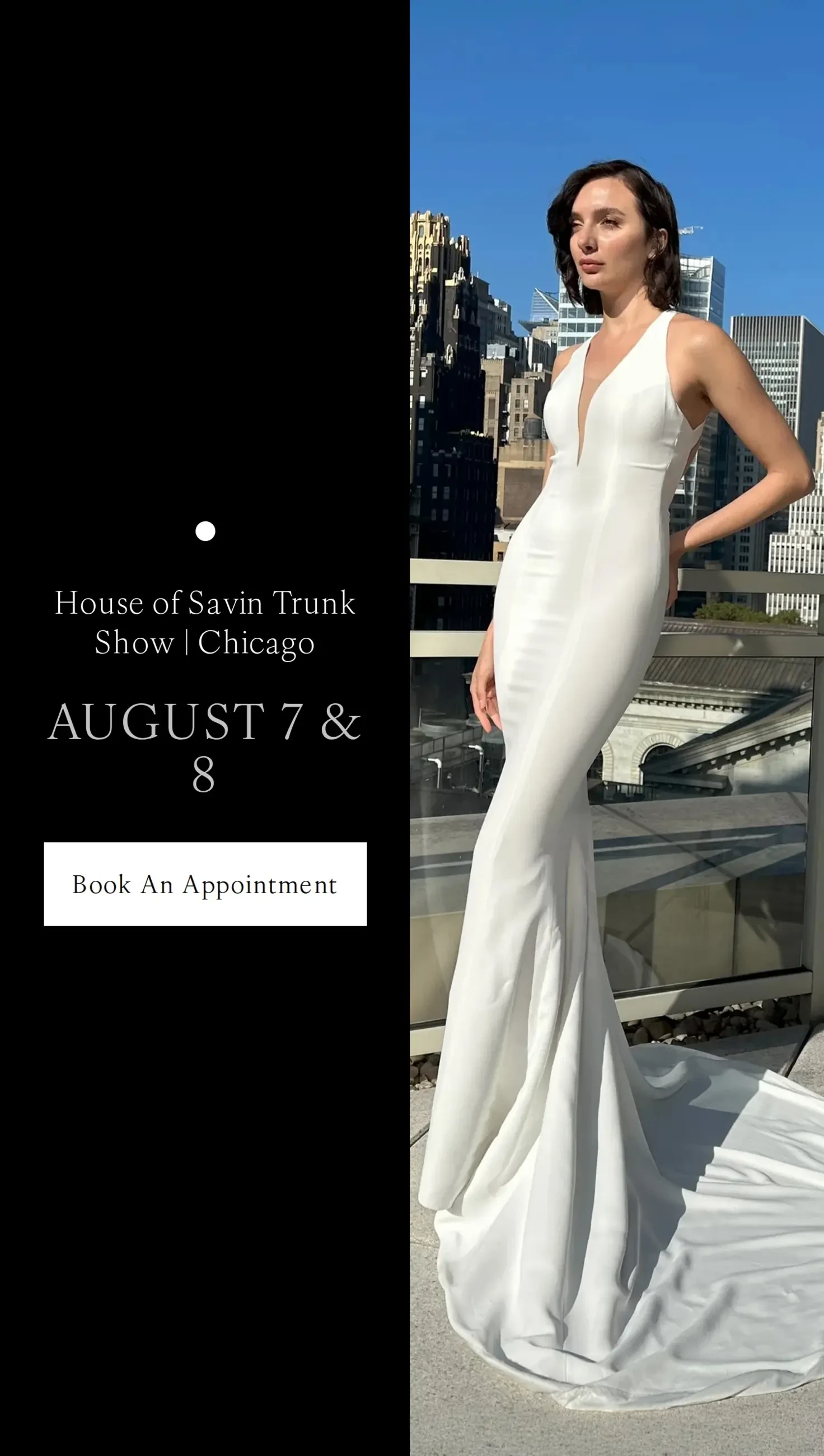 Model wearing House of Saving bridal dress, trunk show mobile banner