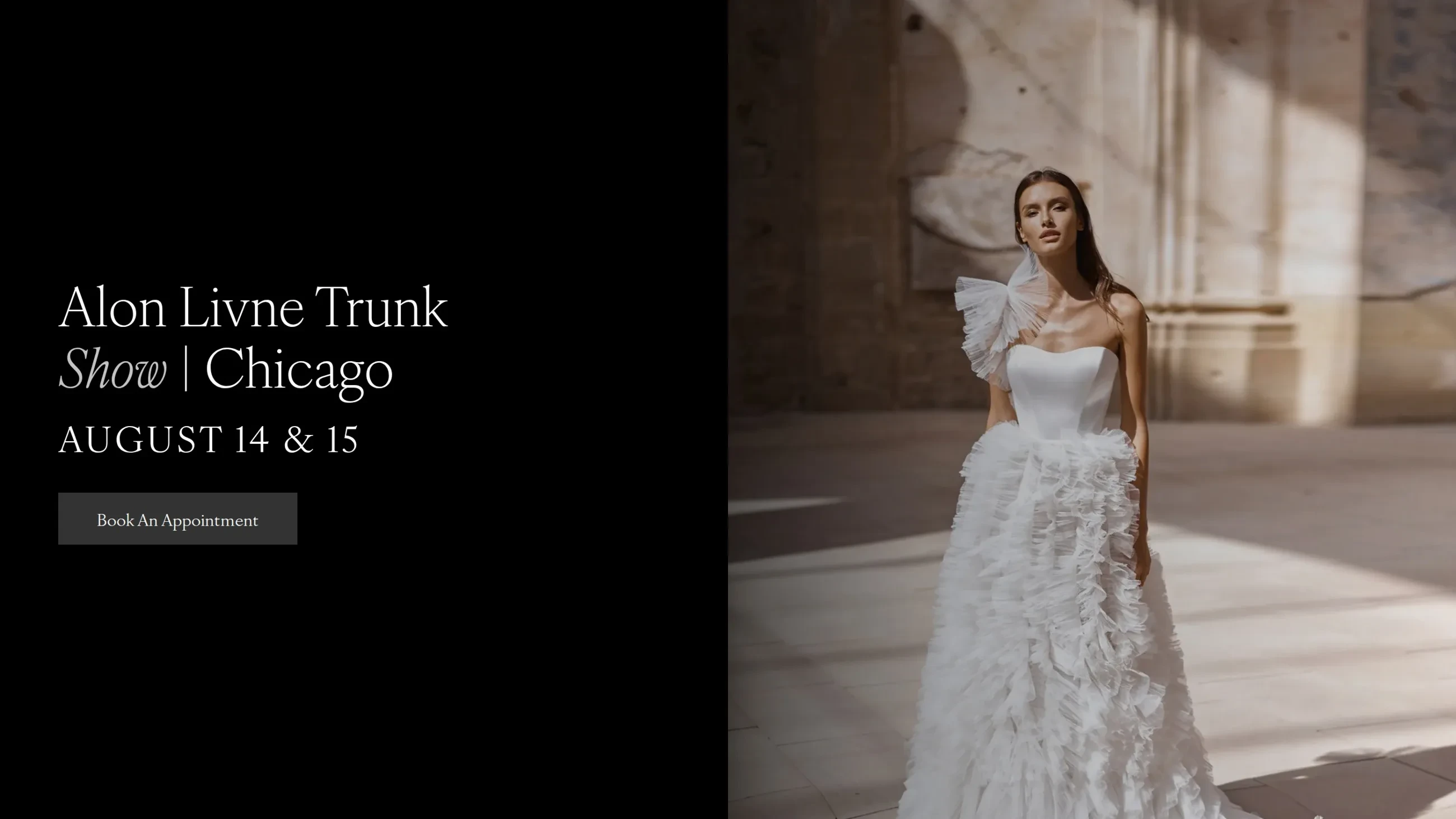 Model wearing Alon Livne bridal dress, trunk show desktop banner