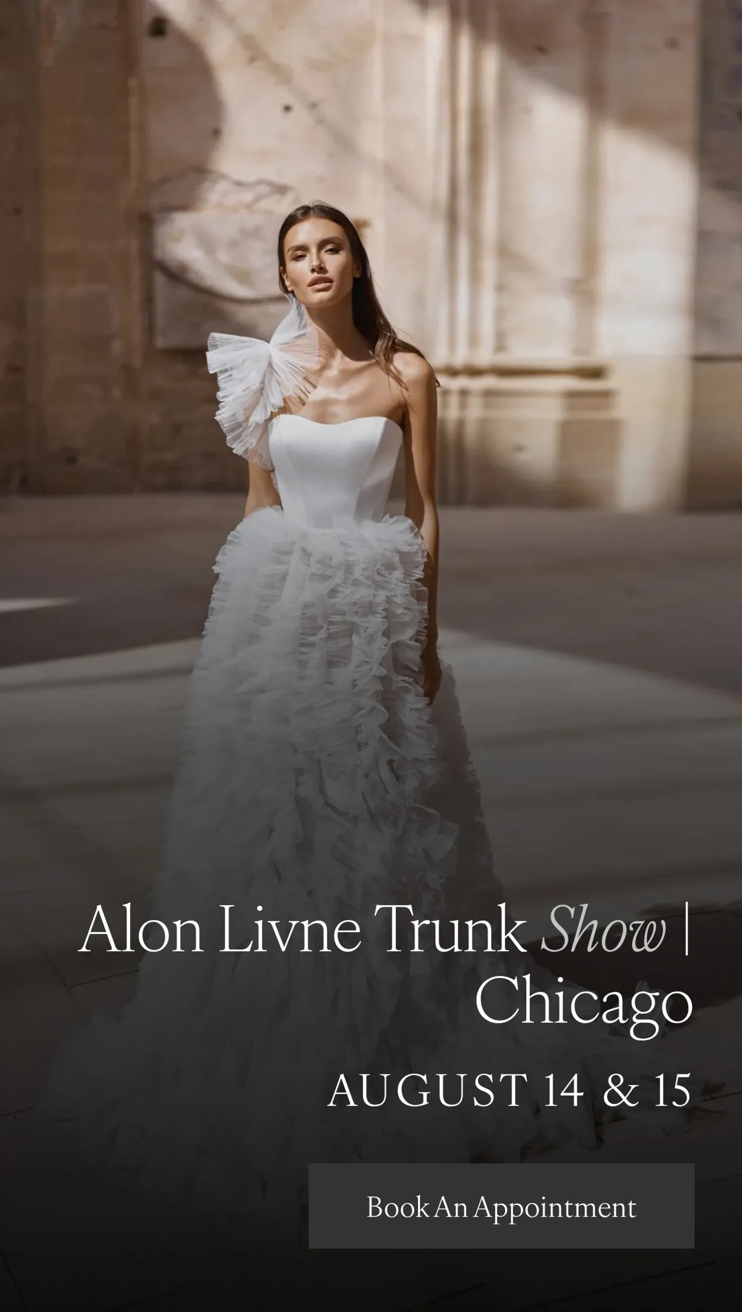 Model wearing Alon Livne bridal dress, trunk show mobile banner