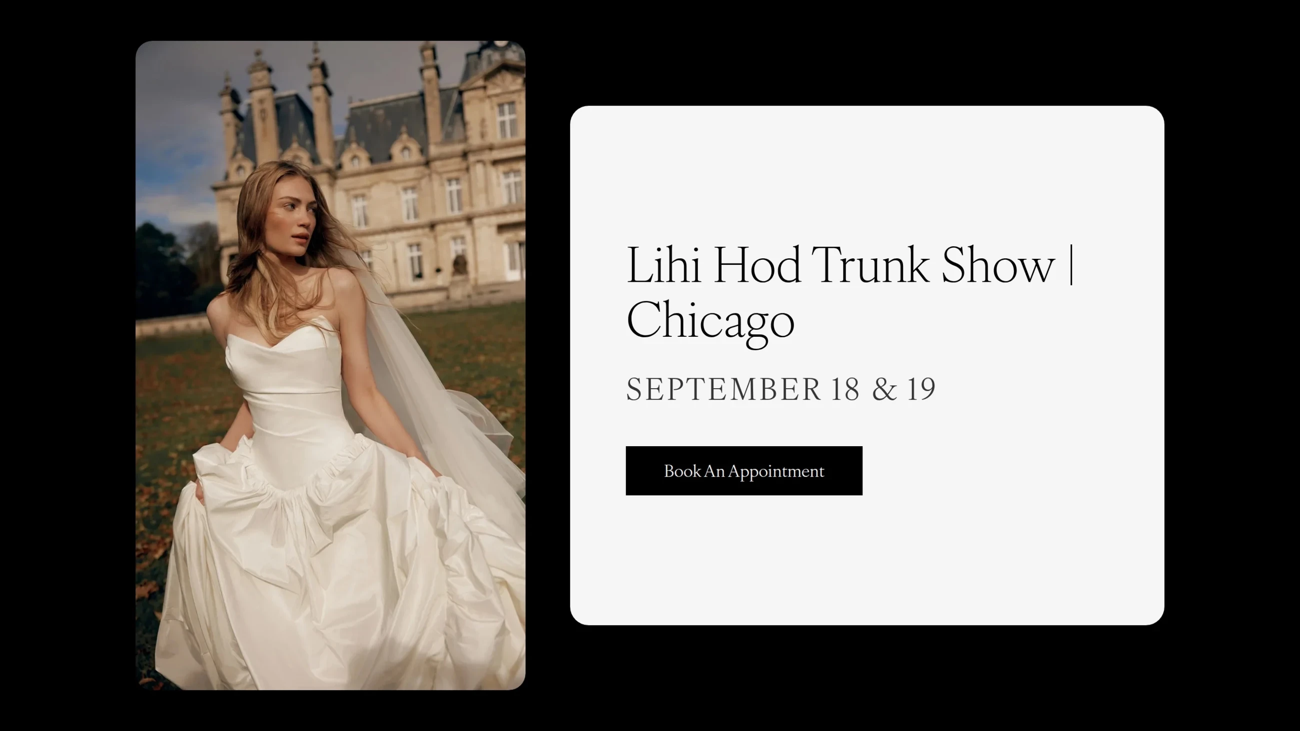 Model wearing Lihi Hod bridal dress, Trunk Show desktop banner
