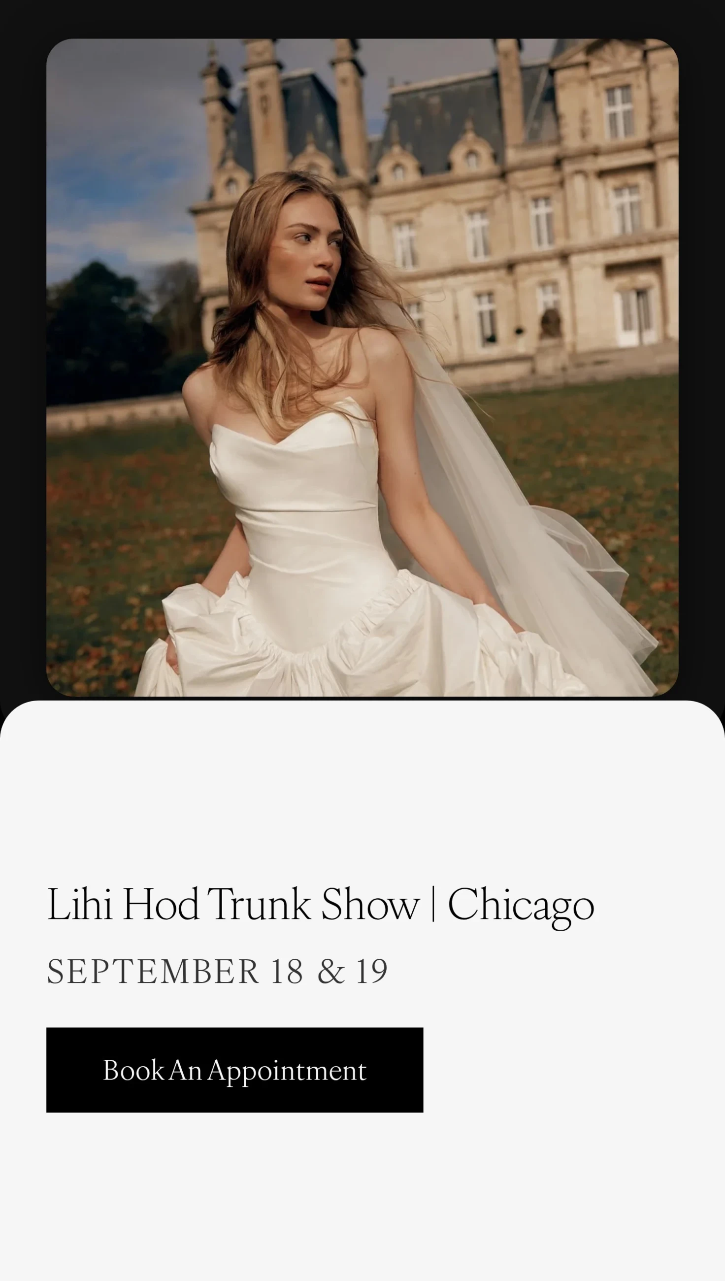 Model wearing Lihi Hod bridal dress, Trunk Show mobile banner