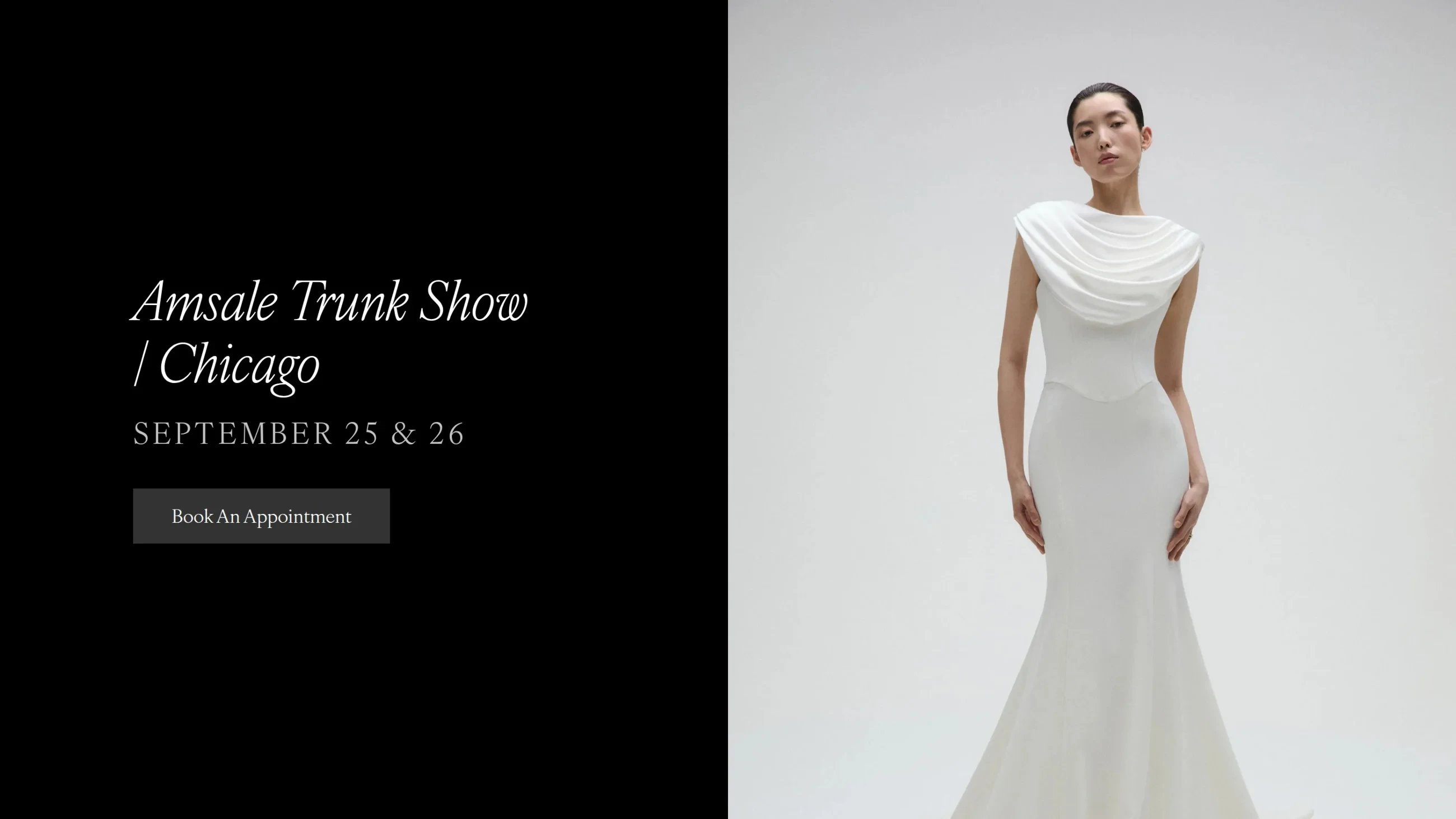 Model wearing Amsale bridal dress, trunk show desktop banner