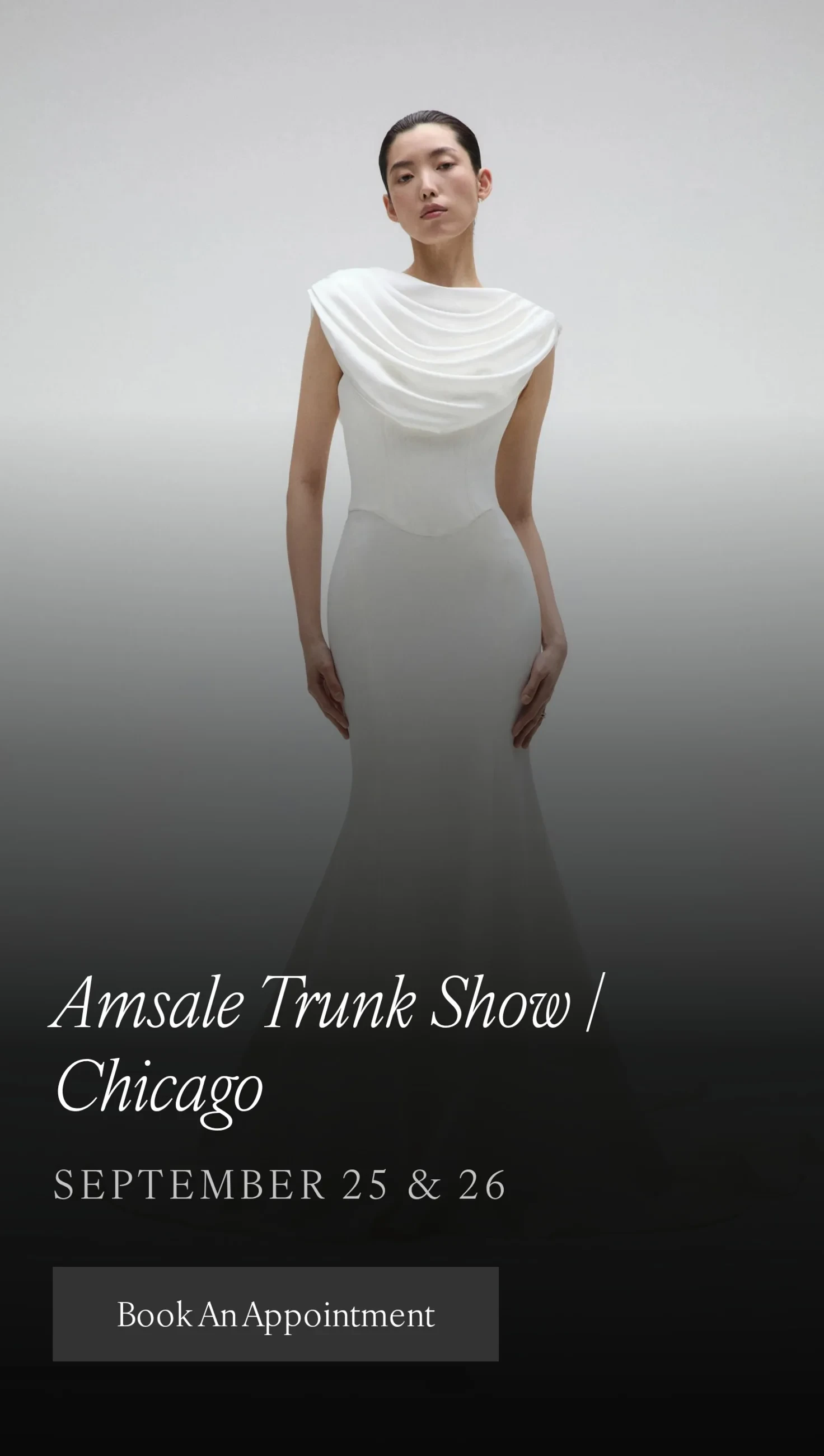 Model wearing Amsale bridal dress, trunk show mobile banner