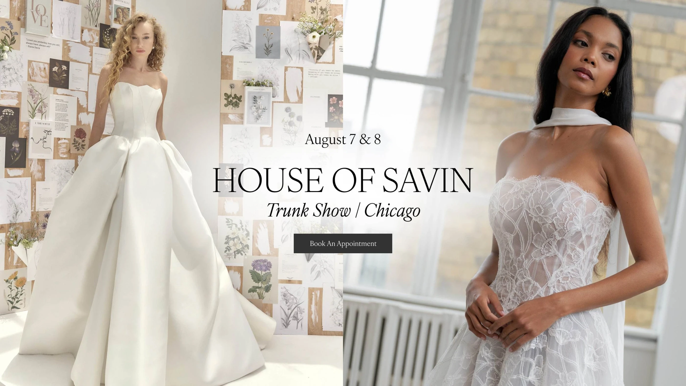 Models wearing House of Savin wedding dresses, desktop banner