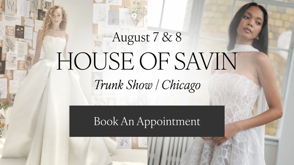 Models wearing House of Savin wedding dresses, mobile banner